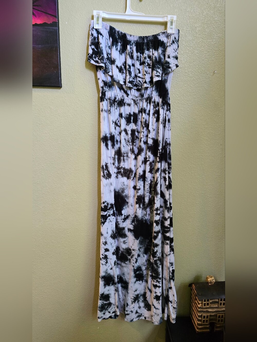 Women’s Black & White Tie-Dye Strapless Stretchy Maxi Dress Large